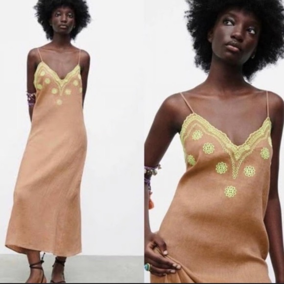 Zara Linen Embroidered Eyelet Midi Dress Size Small - Picture 1 of 7